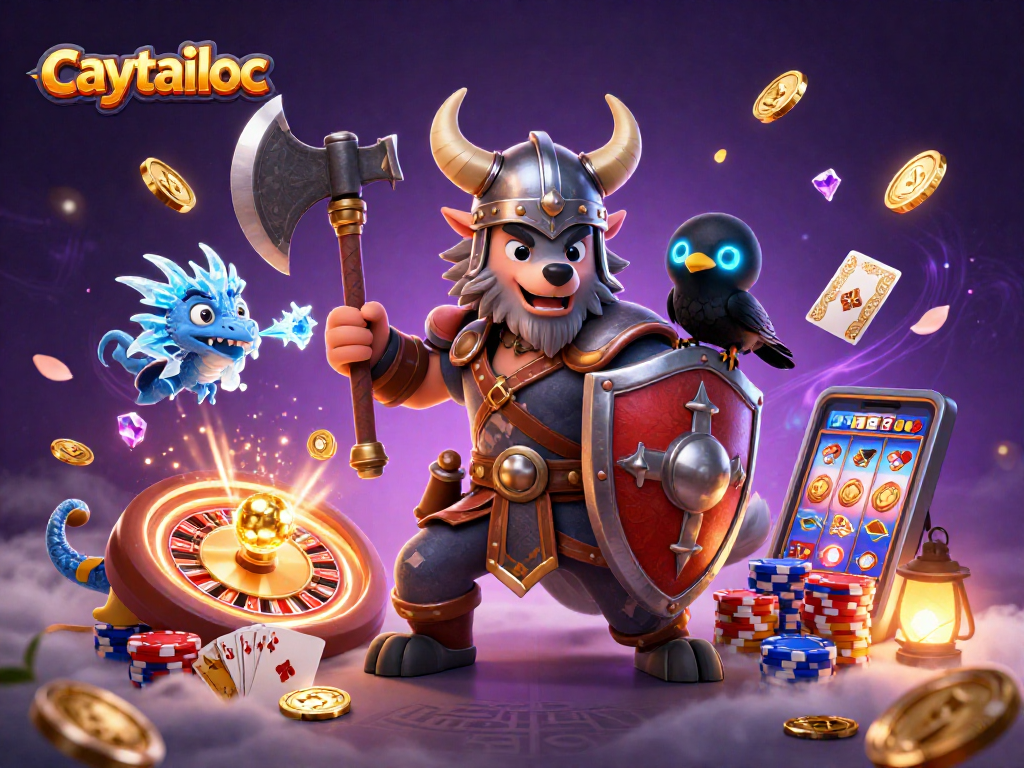 Caytailoc showcases an exciting scene with a Viking wolf warrior, dragon, and coins, creating jackpot thrills.