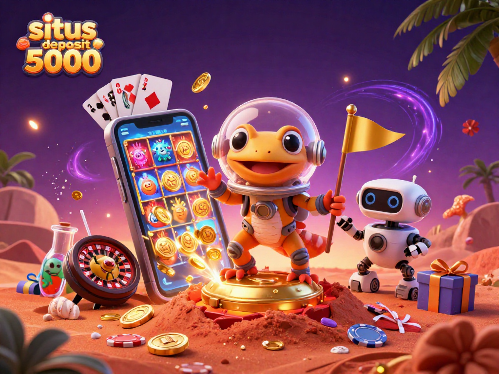 Engage with the thrilling situs deposit 5000 experience in our 3D illustration featuring a Martian gecko in a casino scene.