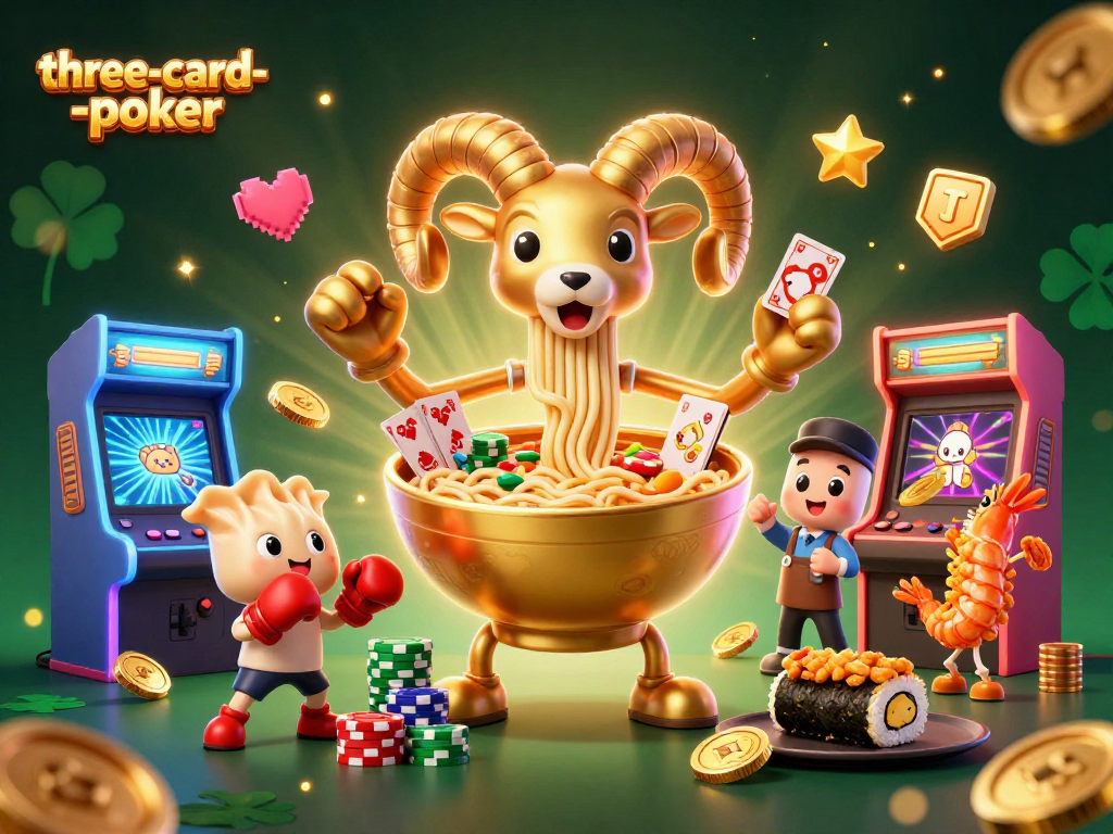 Experience three-card-poker action with colorful casino characters and game elements vividly illustrated.