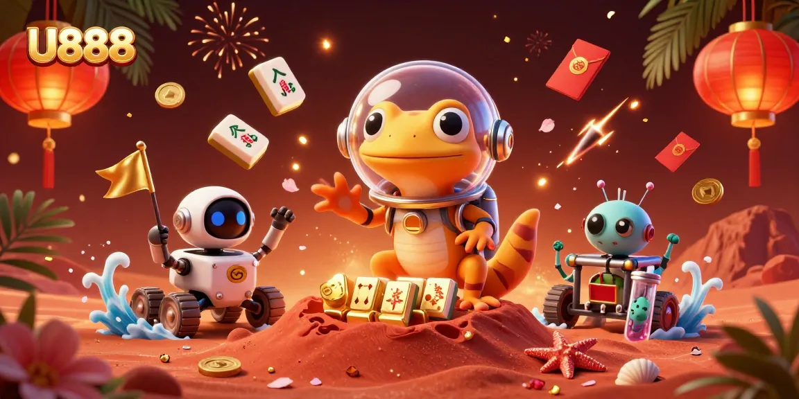 Experience U888's vibrant casino adventure with a Martian gecko and gaming elements.