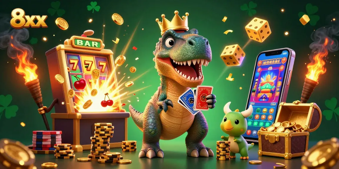 Experience the thrills of 8xx as a T-Rex and friends celebrate casino wins with vibrant games and golden surprises.