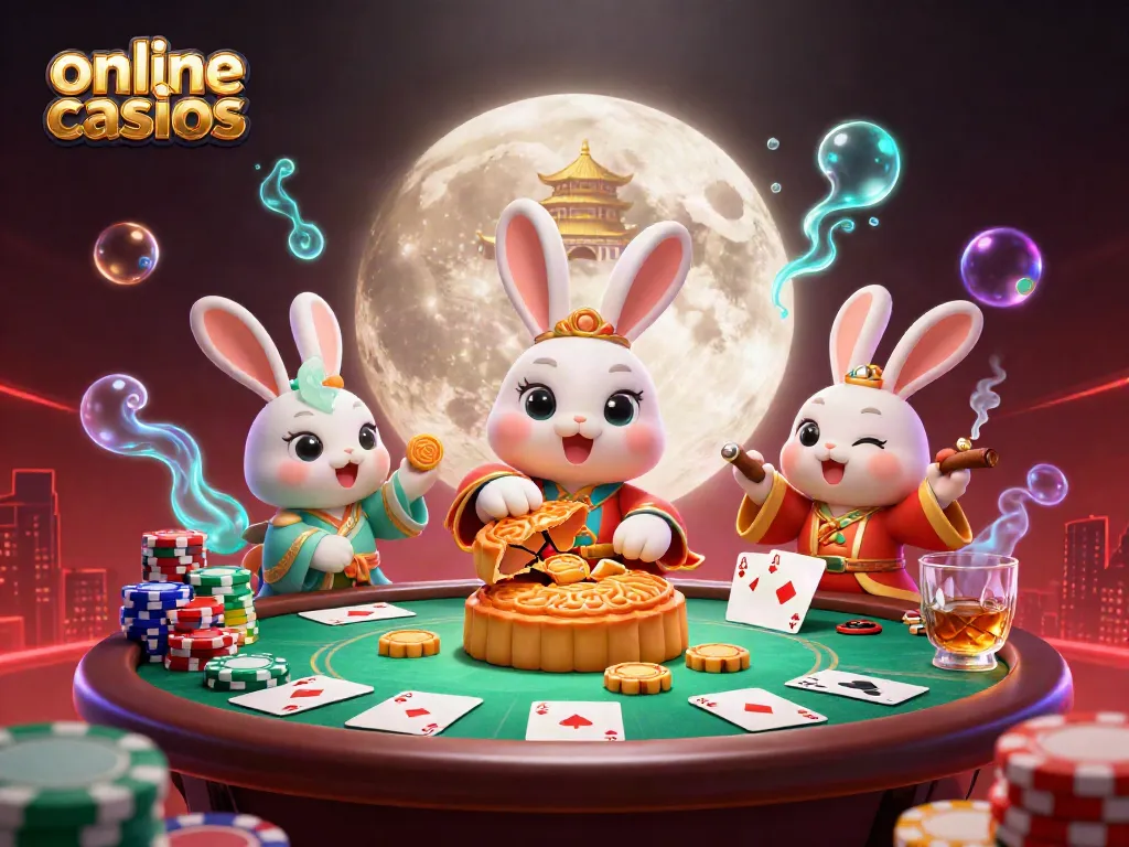Engage in online casinos with a vibrant 3D scene featuring a moon rabbit and poker elements.