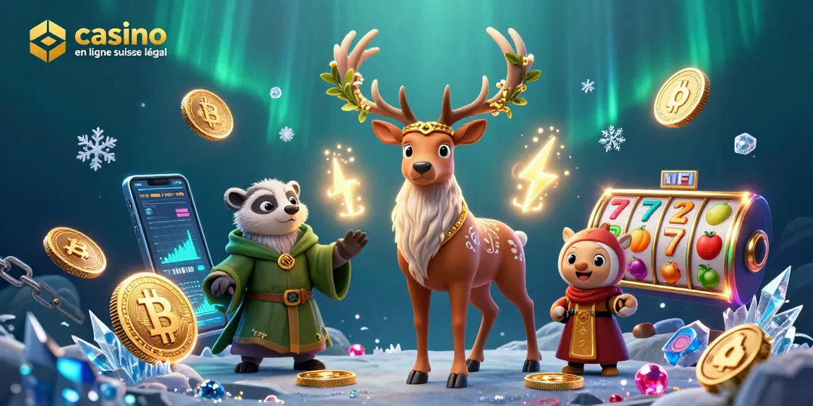 Jouez dans un casino en ligne suisse légal avec un cerf druide et un blaireau entourés de pièces de crypto-monnaie.