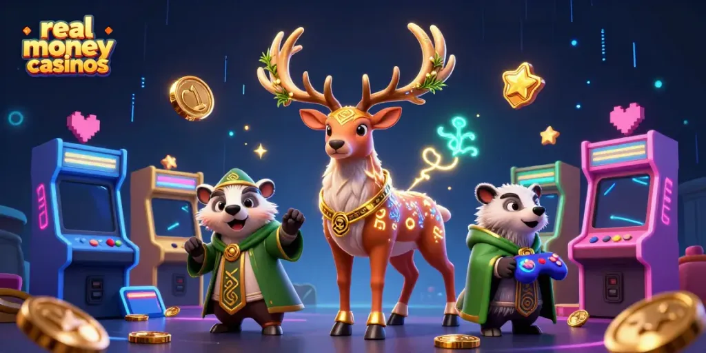 Experience real money casinos with dynamic characters and gaming elements in an entertaining 3D illustration.