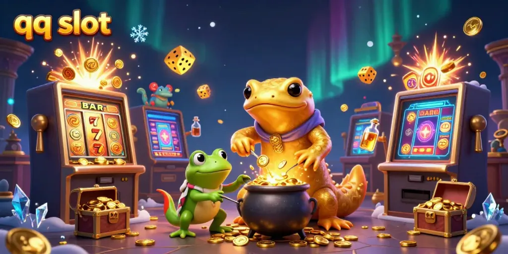Experience thrilling QQ slot action with a golden alchemist and dynamic casino elements.