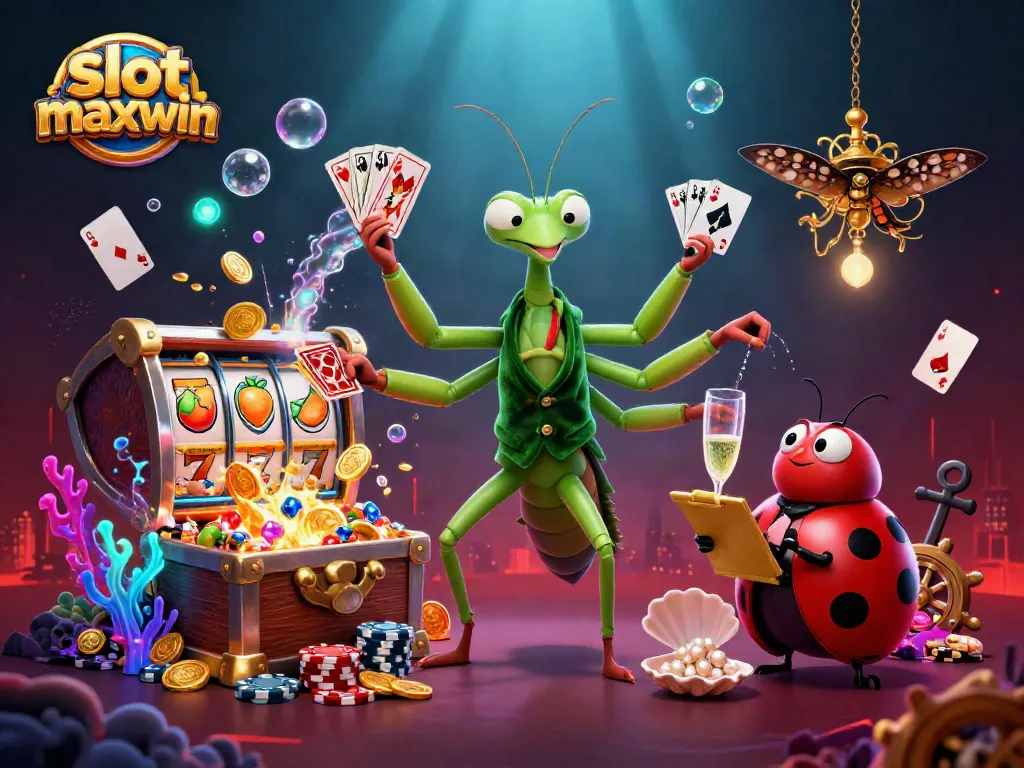 Engage with slot maxwin gaming through a vibrant cartoon scene featuring unique characters and dynamic casino elements.