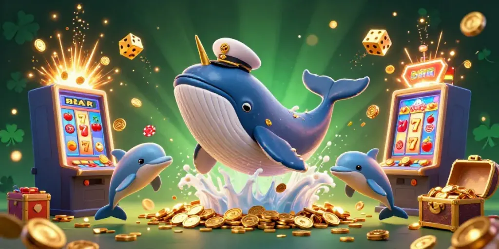 Permainan slot yang menakjubkan dengan paus besar, narwhal bermahkota emas, dan lumba-lumba yang menghibur dengan chip poker di lautan koin.