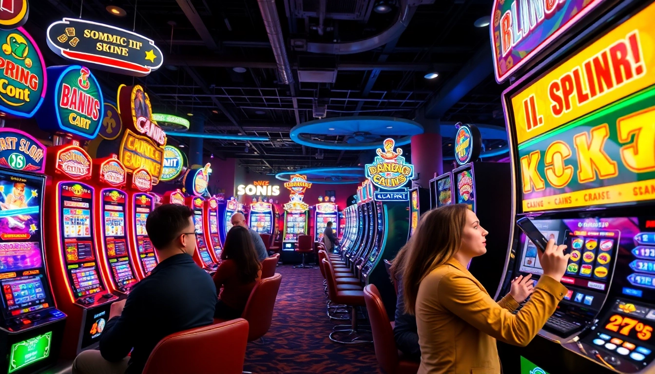 Engage in thrilling slot gambling on a lively casino floor with exciting machines.
