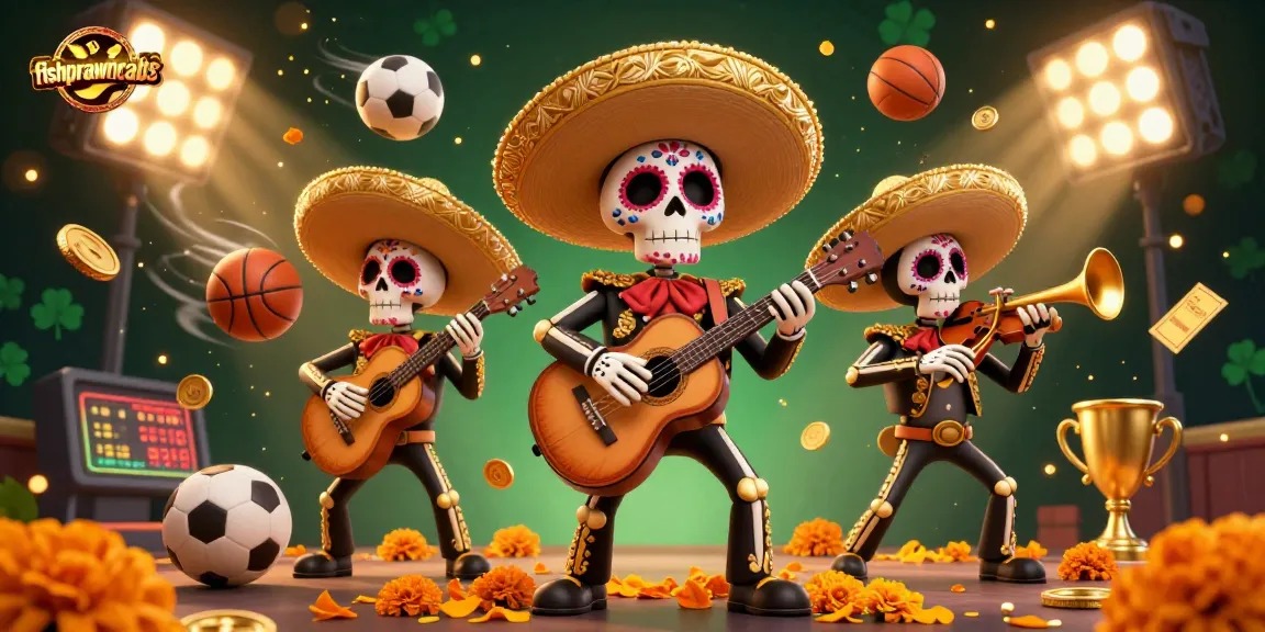 Experience the thrill of fishprawncrabs with vibrant mariachi skeletons and dynamic sports elements in a lively casino scene.