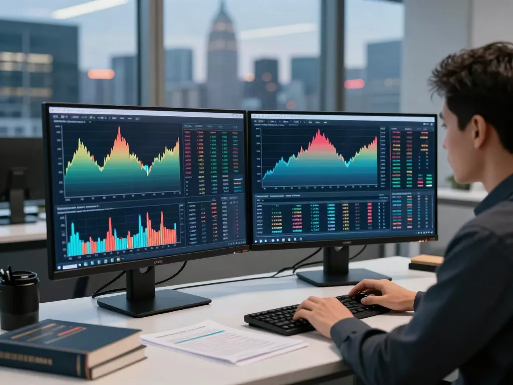 Trader analyzing tradingview charts in a modern workspace.