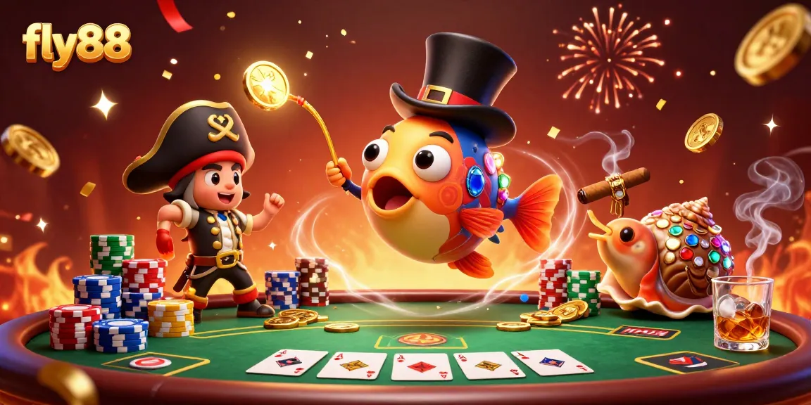 Join the excitement at fly88 as glowing treasures and poker elements come to life in a vibrant casino scene!