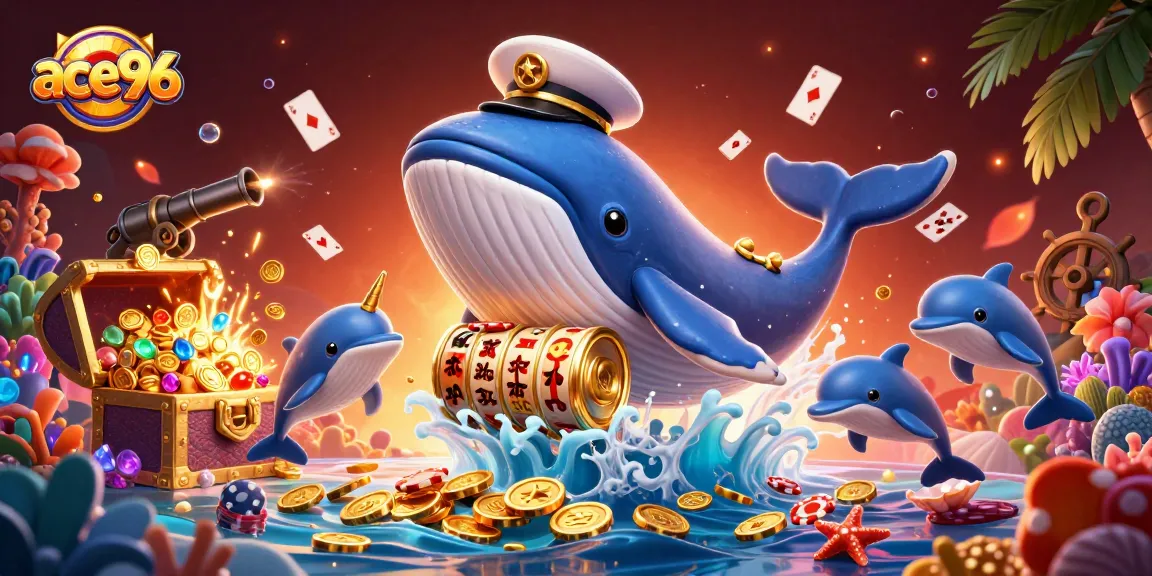 Experience thrilling gameplay at ace96 with a cartoon whale, slot reels, and playful dolphins!