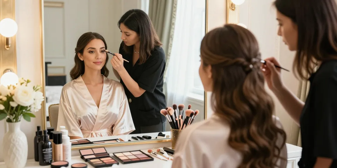 Trucco sposa professionale in un elegante salone di bellezza, trucco radioso e atmosfera romantica.