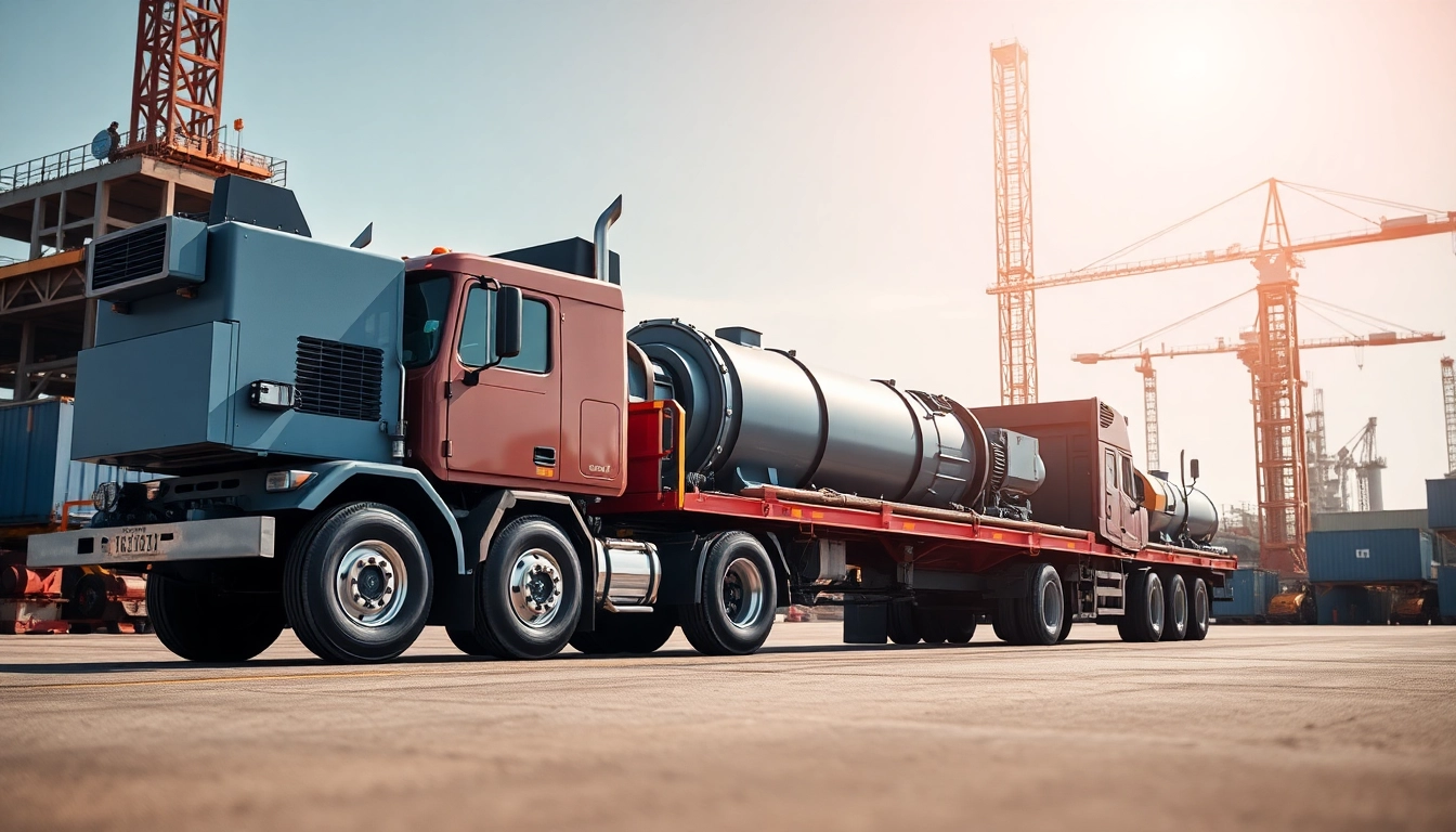 Efficient equipment transport showcasing a heavy-duty truck with machinery in a bustling industrial setting.
