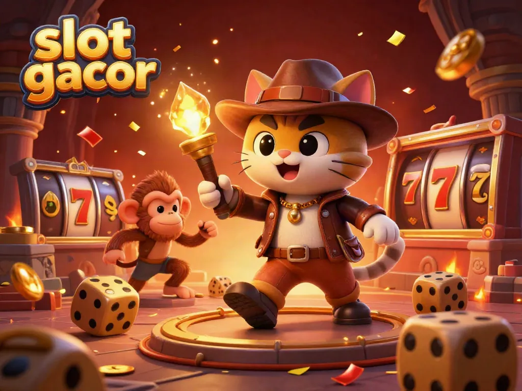 Feel the thrill of slot gacor with a lucky cat exploring a golden casino artifact amidst vibrant celebrations.