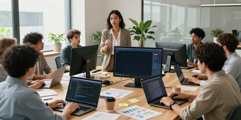 A diverse team in a tech workspace collaborating on an AI content platform project, with digital screens and vibrant atmosphere.