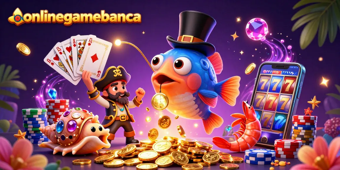 Experience onlinegamebanca through a vibrant 3D illustration showcasing casino elements and characters.