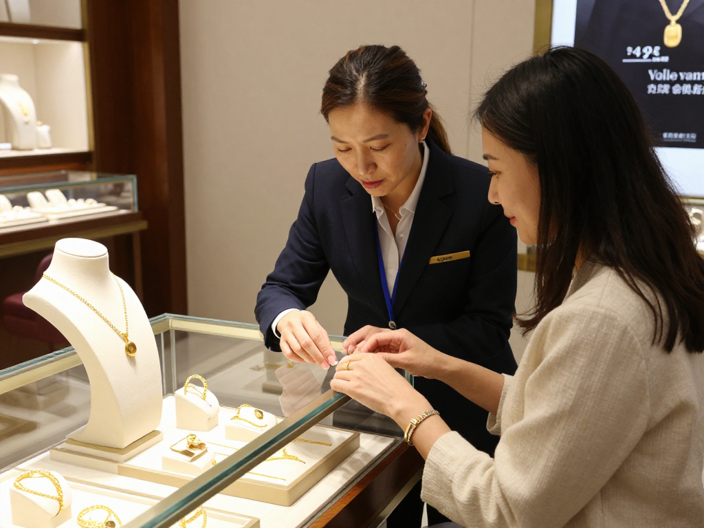 Customer exploring gold jewelry options at mantra88 showroom with expert guidance.