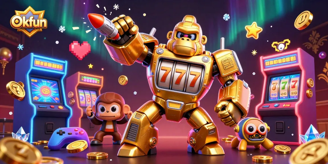 Engage with thrilling slot action at Okfun featuring a golden gorilla mech and vibrant game elements.