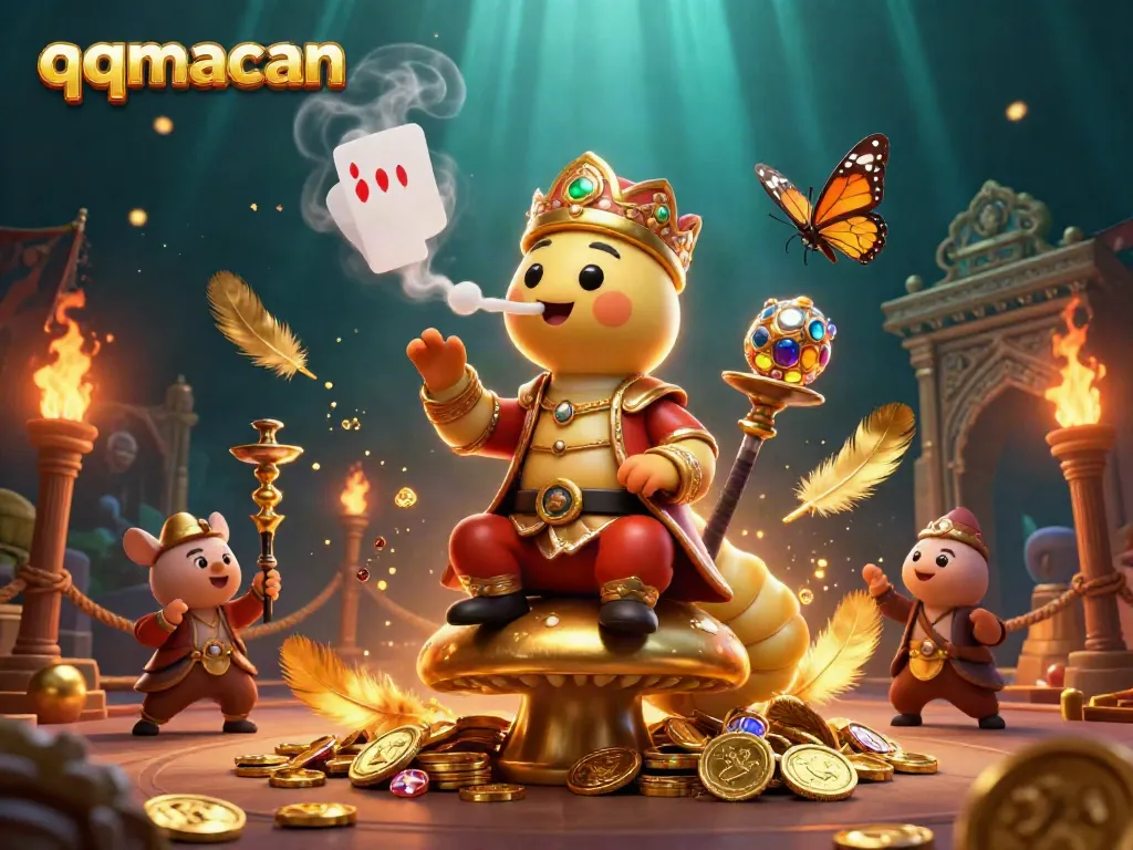 Engage in gambling with qqmacan, featuring a vibrant scene of a cartoon caterpillar hookah-master amidst casino elements.