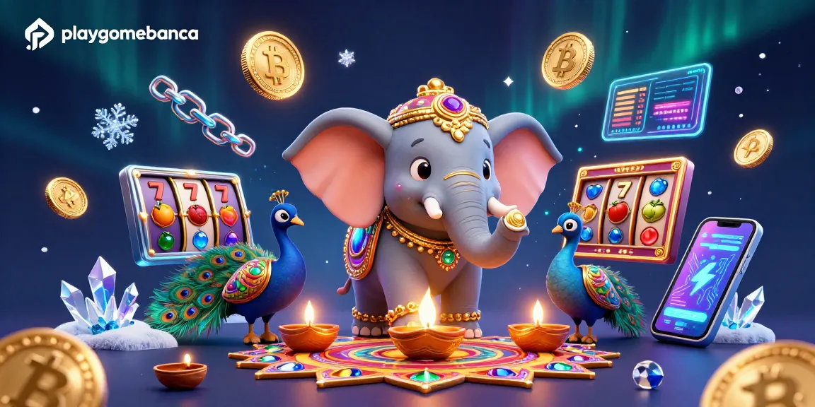 Spin the reels with playgamebanca's vibrant, Diwali-themed casino illustration featuring festive elements.