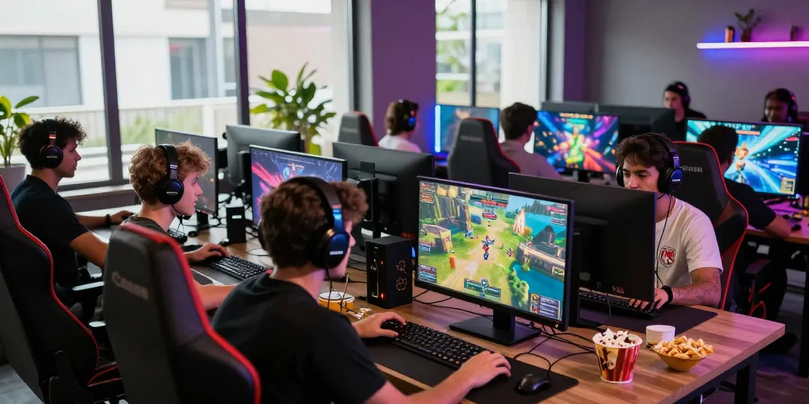 Gamers collaborating on CIKA4D platform in a modern lounge, showcasing vibrant graphics.