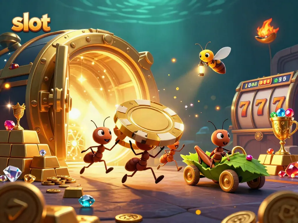 Engaging slot-themed illustration featuring cartoon ants carrying a giant poker chip amidst vibrant casino elements.