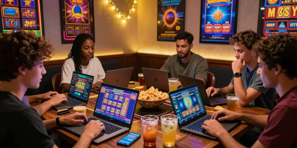 Friends enjoying exciting สล็อตเว็บตรง games in a cozy gaming space.