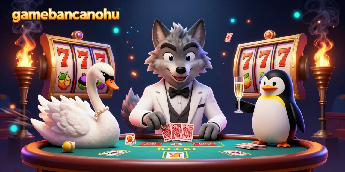 Experience thrilling gameplay with gamebancanohu, showcasing a debonair wolf at a baccarat table.