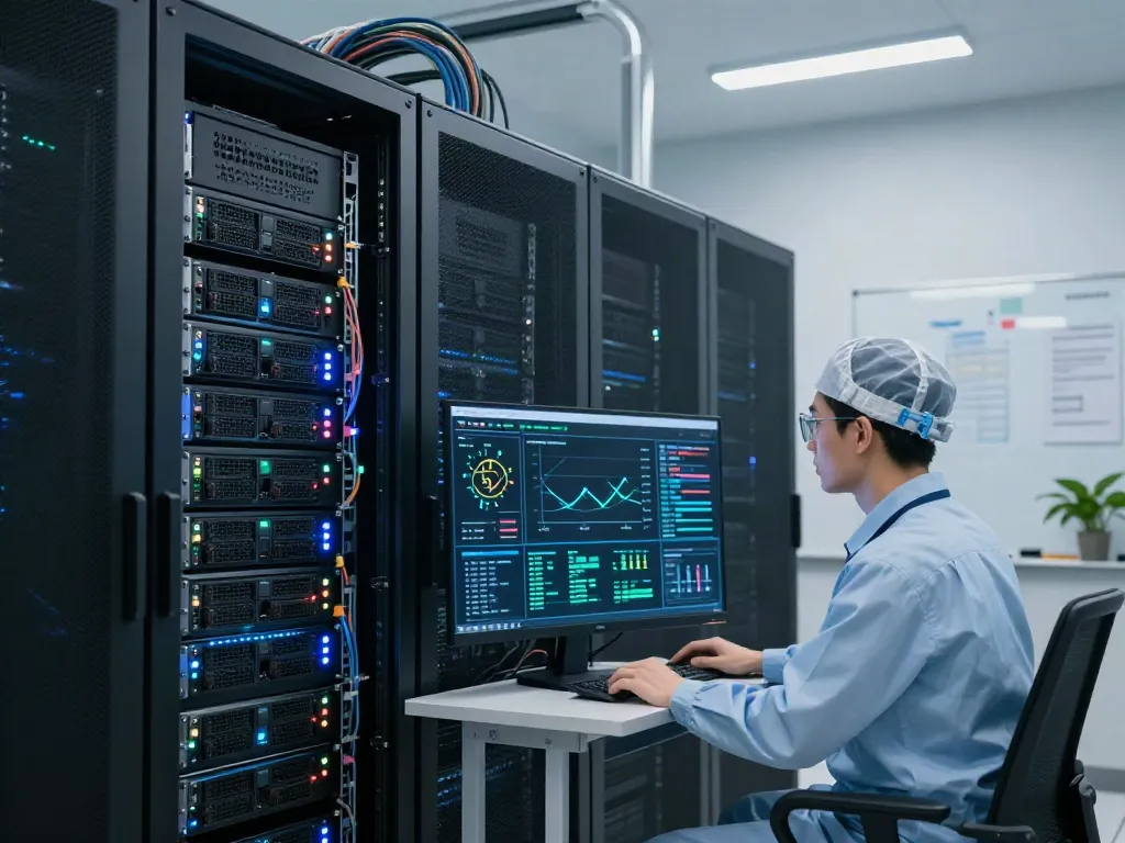 Engineers analyzing GPU performance in a modern data center emphasizing AI inference.