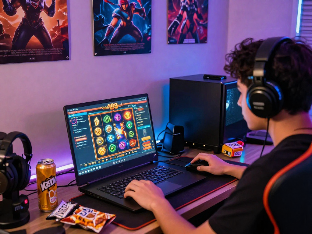 Permainan slot88 yang seru dengan pemain aktif di laptop, suasana gaming yang nyaman dan menarik.