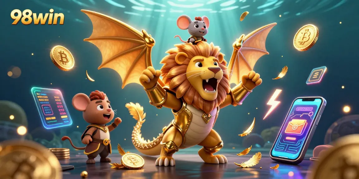 Join the exciting world of 98win with a chimeric creature roaring triumphantly in a vibrant casino scene.