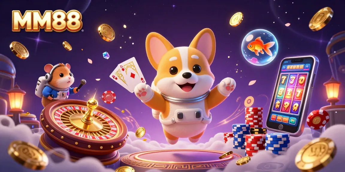 Experience thrilling gaming at MM88 with floating games, vibrant coins, and interactive characters.