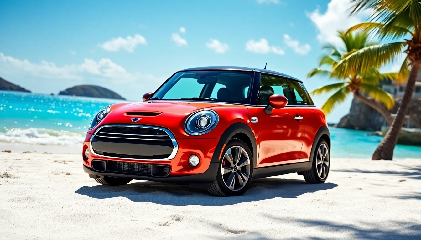 Experience st barts mini cooper rental with a stylish Mini Cooper parked on a stunning beach.