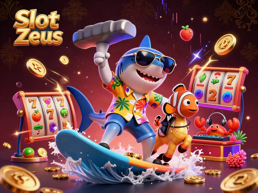 Menangkan jackpot dengan Slot Zeus, ilustrasi kasino bergaya kartun yang penuh kegembiraan.