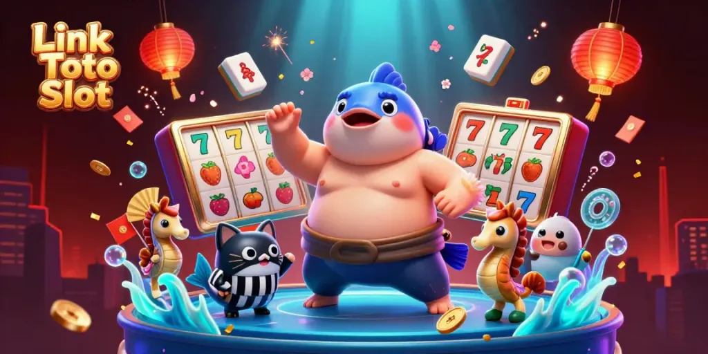 Link Toto Slot menunjukkan fugu besar di arena dengan simbol jackpot dan elemen kasino lainnya.