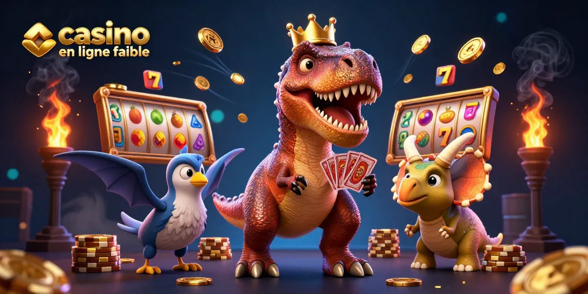 Visualisez un T-Rex jouant aux cartes dans un casino en ligne fiable, entouré de jetons et d'éléments de jeu.