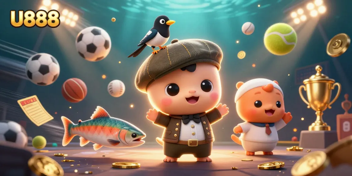Engage with U888's vibrant casino world, featuring a playful Loch Ness monster and dynamic sports action.