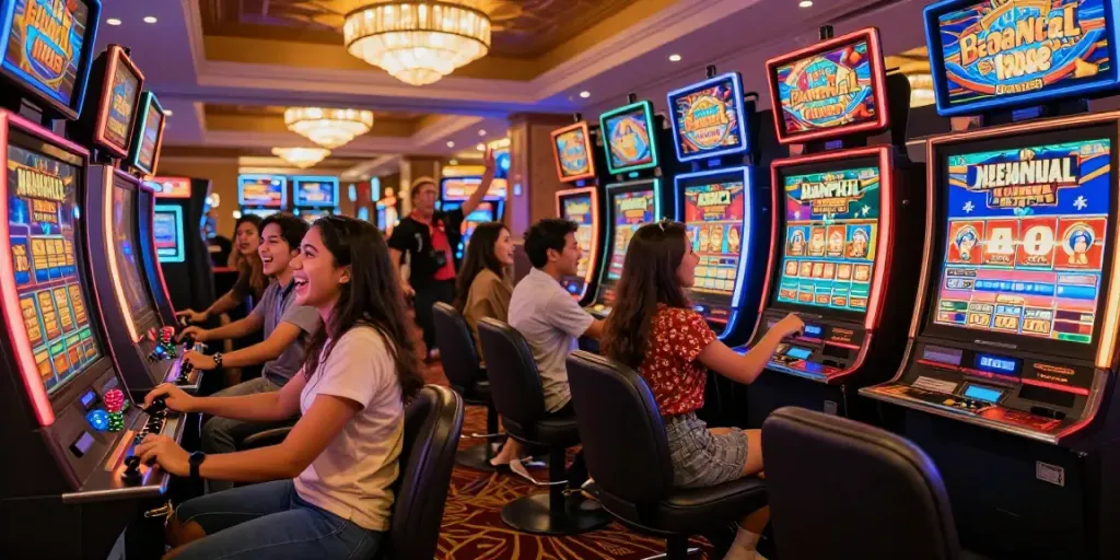 Exciting casino scene with players enjoying slot gacor experience, vibrant lights and sounds.