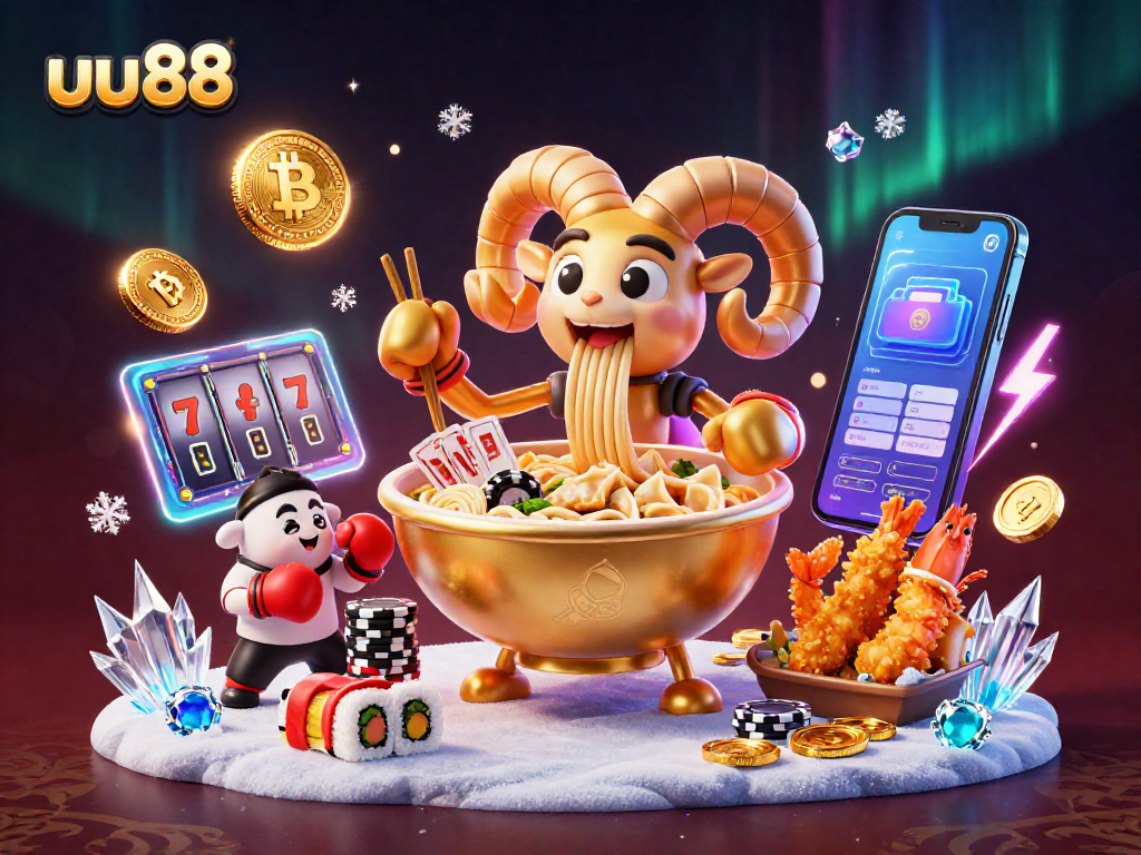 uu88 showcases a vibrant casino scene with a lively ramen bowl dealer and crypto elements.