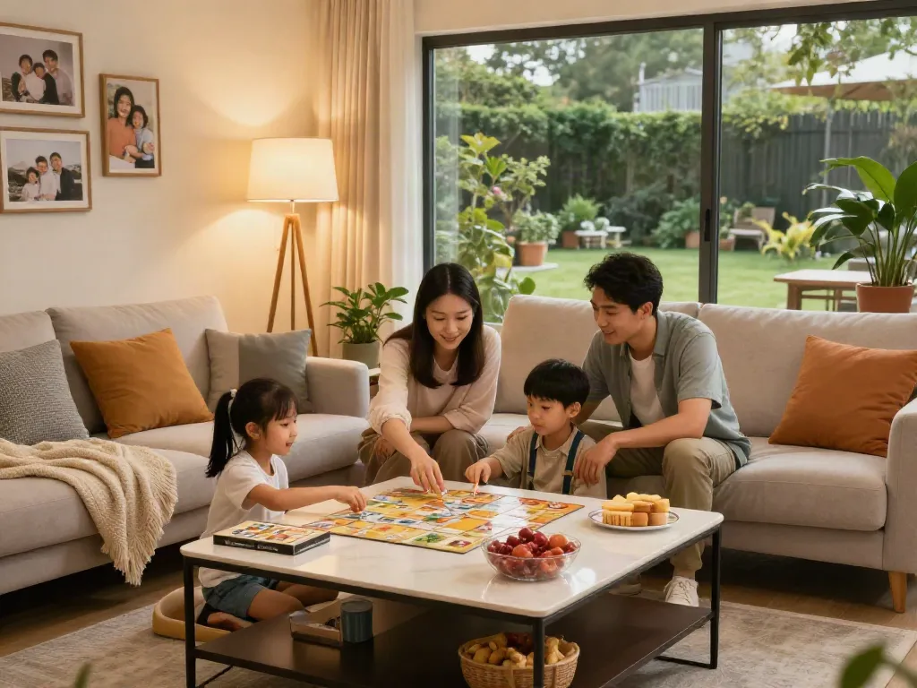 Cozy family bonding at home with board games in a stylish living room.