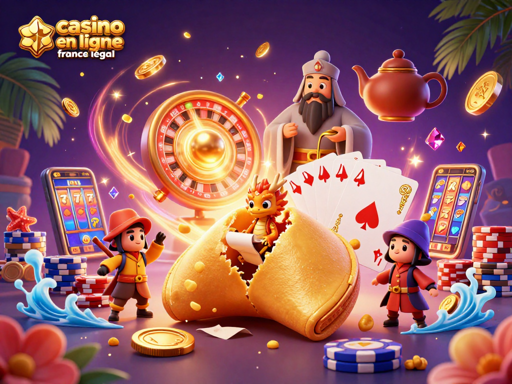 Jouez à des jeux de casino en ligne France légal avec des dragons sages et des jetons dorés volants.