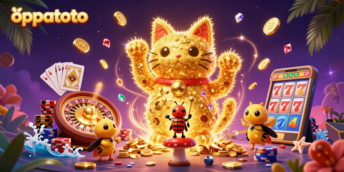 Play exciting games at oppatoto with the giant lucky cat and dynamic casino symbols in this vibrant illustration.