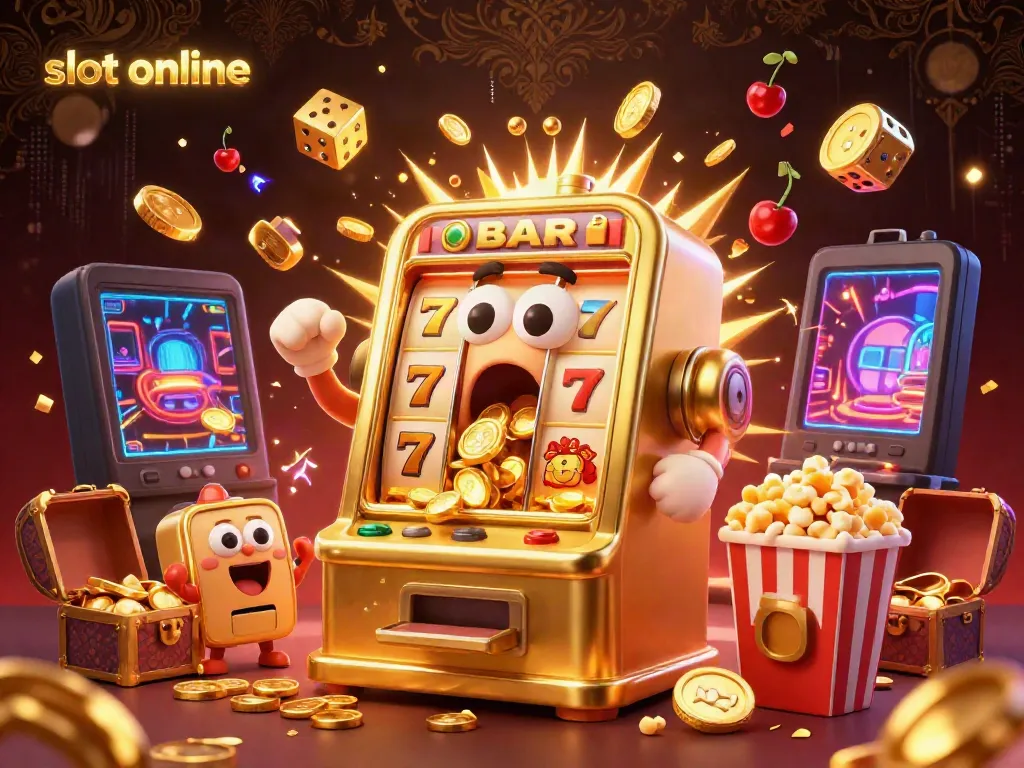 Experience thrilling wins with lively slot online action featuring animated golden slot machines and a jackpot explosion.