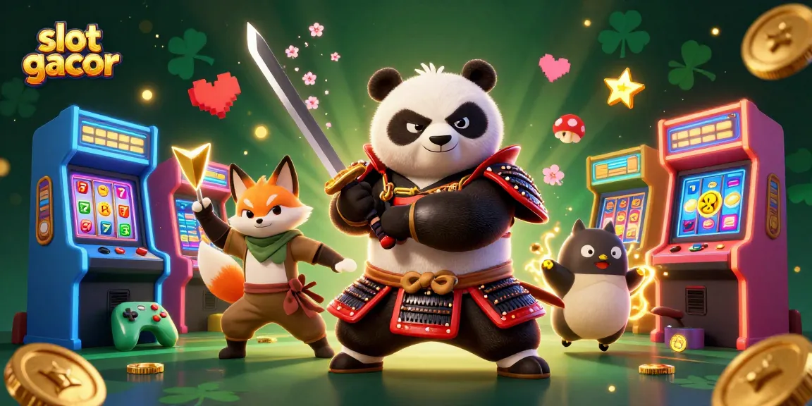 Engage with slot gacor themes in a vibrant 3D casino illustration featuring samurai panda, ninja fox, and mystical tanuki.