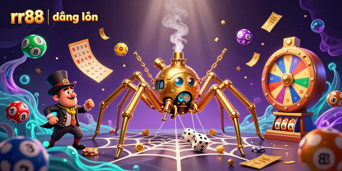 Experience the thrill of rr88 | đăng nhập with a steampunk spider catching dice in a vibrant casino scene.