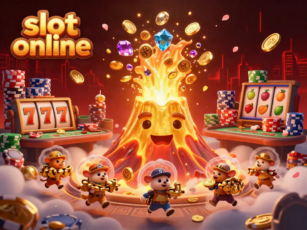 Experience thrilling spins in slot online games with a colorful 3D volcanic eruption scene.