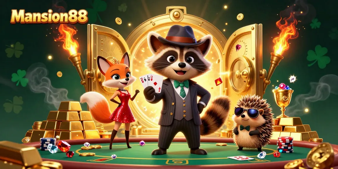 Mansion88 offers an exciting poker night featuring a suave raccoon with a royal flush surrounded by vibrant casino treasures.