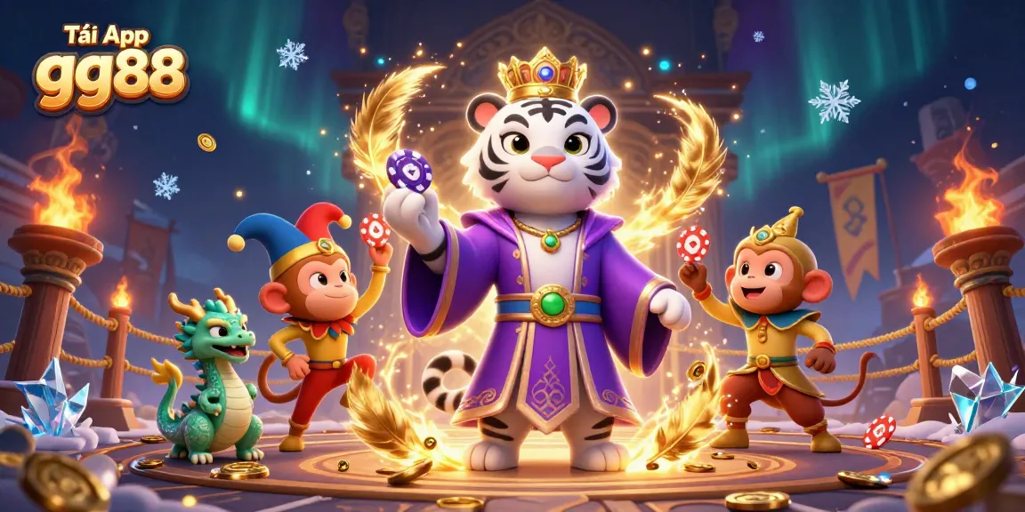 Tải App gg88 to join a vibrant casino scene with a white tiger and golden monkey in an enchanting setting