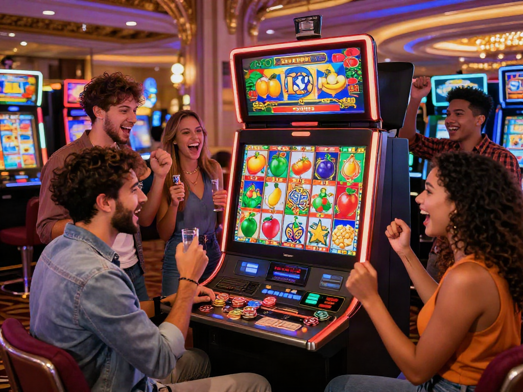 Situs slot gacor hari ini excitement as friends celebrate a win in a bustling casino atmosphere.